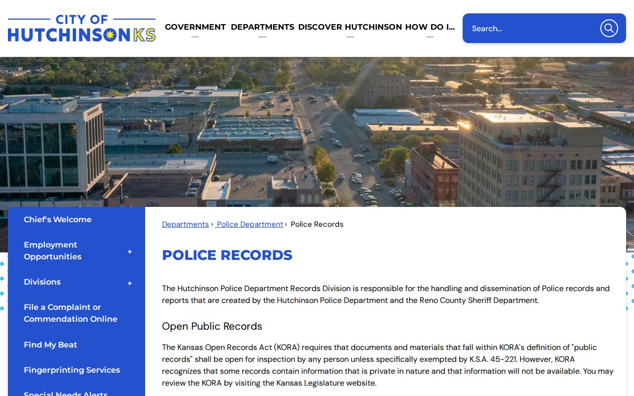 Hutchinson Police Department arrest records request page