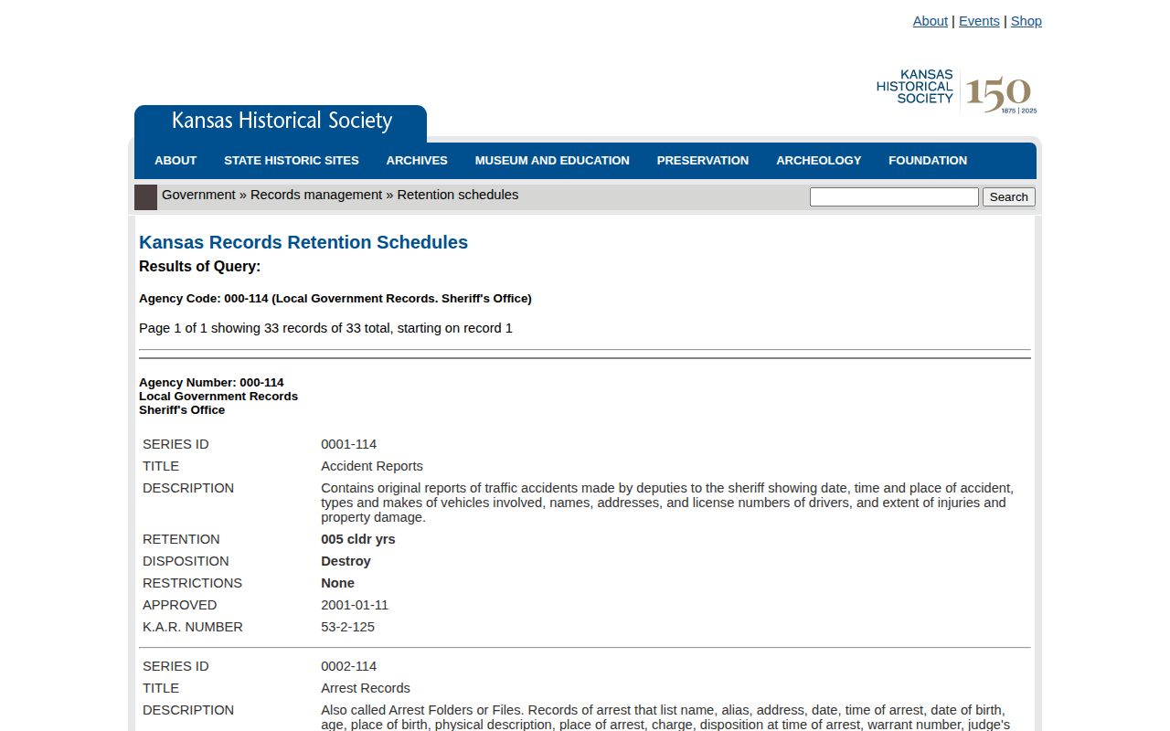 Kansas retention schedule for older Reno County arrest records