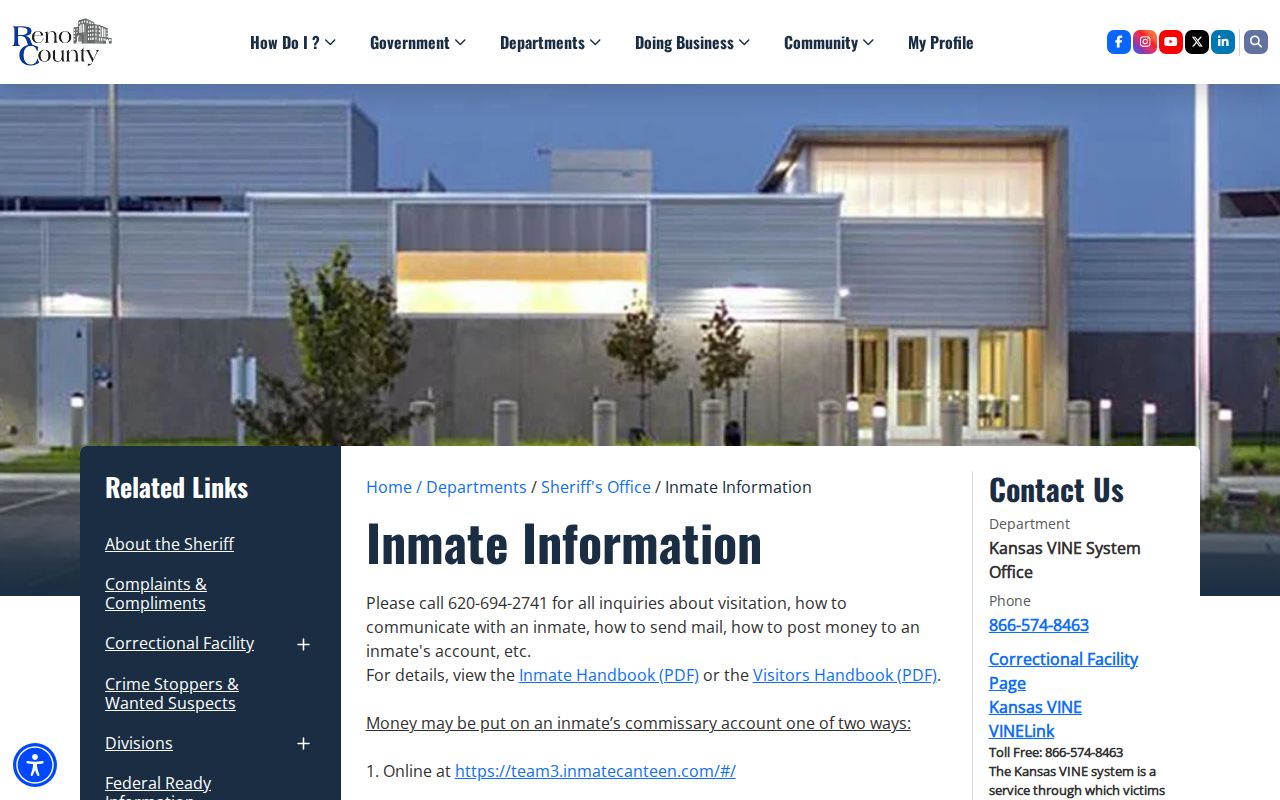 Reno County RCCF inmate information and custody records page