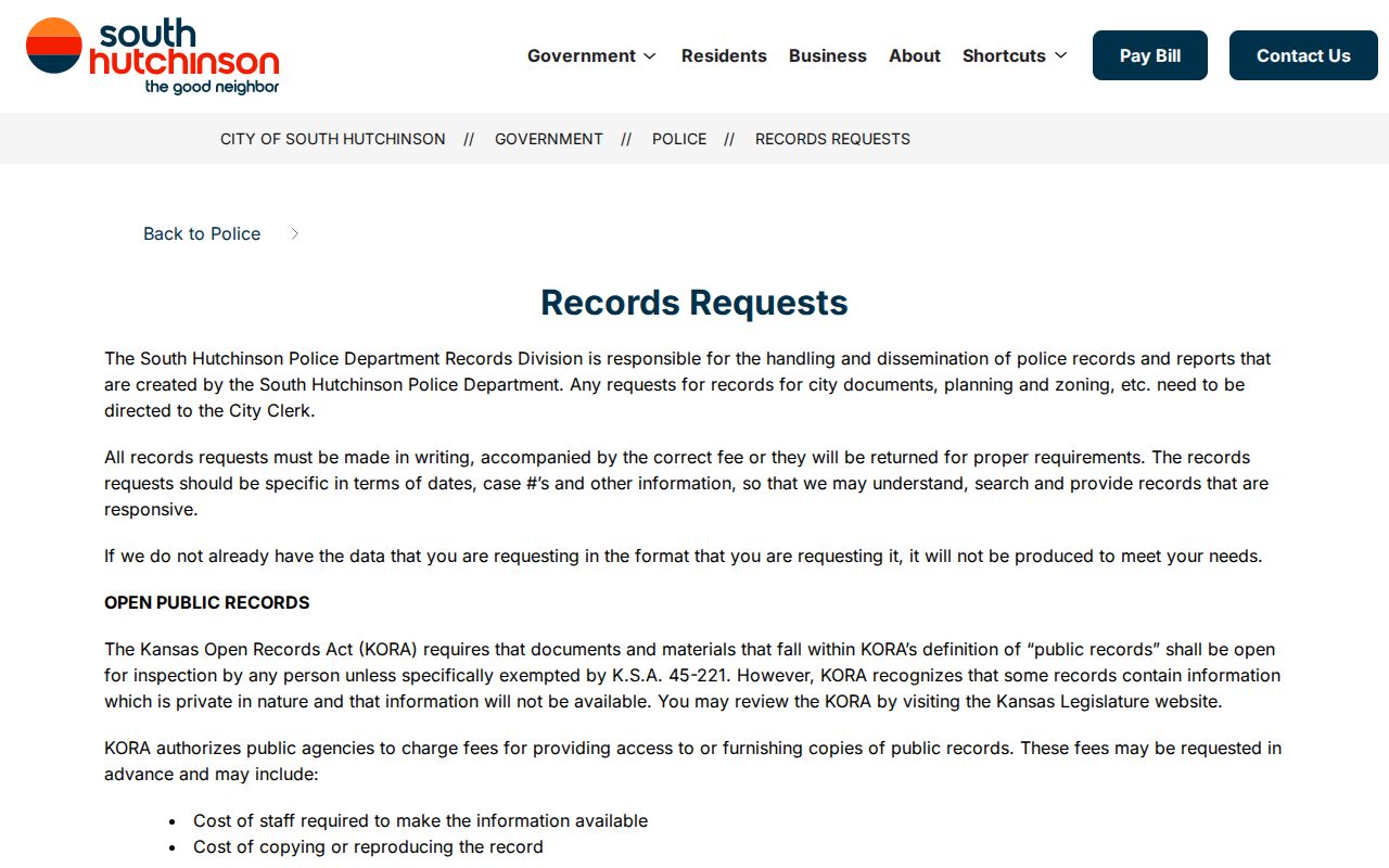 South Hutchinson public records request page for arrest records